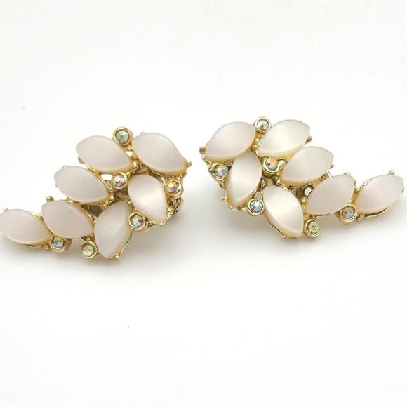 Vintage Moonstone Earrings, 1960s,  rhinestones,  clip on - Picture 2 of 5